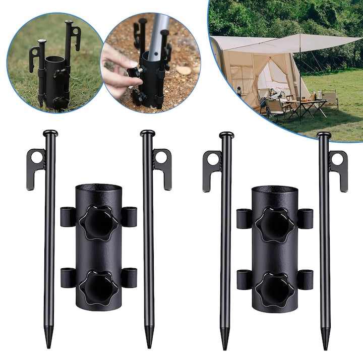 Pole Support with 4 Ground Pegs, Double Nut Fixing Mechanism, High Hardness Steel for Tent Canopy, Portable Tent Tube, Tarp Pole Holder for Camping