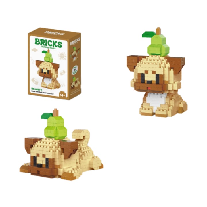 Set de Constructie Mini Pug cu Para pe Cap Blocuri Creative ~200 Piese  2 Pozitii (Sezand/Culcat)  pentru Copii si Adulti