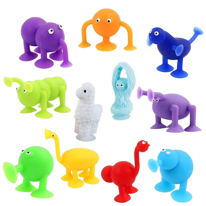 Set of 11 Interactive Suction Cup Toys, Silicone Animals, for Children 3-5 Years Old, Bath, Window, and Shower Toys, Fine Motor Skill Development, Multicolor