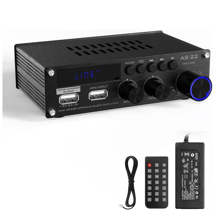 Amplificator audio cu adaptor alimentator si telecomanda  300+300W  50+50W RMS  Unbraded  2 x USB  Suport intrare USB/RCA/AUX  Bluetooth 5.0  Functia FM  2 canale  Plug and Play  Portabil  Masina si acasa  OUYLAF  Negru
