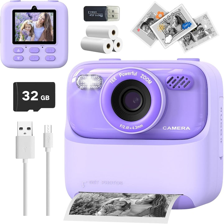 WALALLA Instant Print Camera for Kids, 1080P, Dual Lens, 2.4" Screen, 32GB, Gift for Girls and Boys 3-12 Years Old, Purple