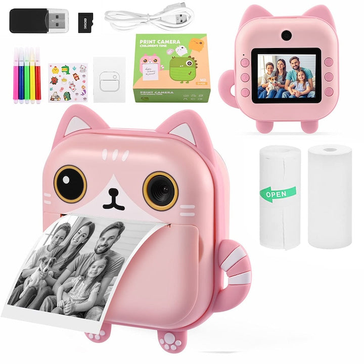 Digital Camera Set for Kids with Instant Print Function, Dual Front and Rear Cameras, 1080p, 32GB Card, 2.4 inches, Including Various Accessories, Pink