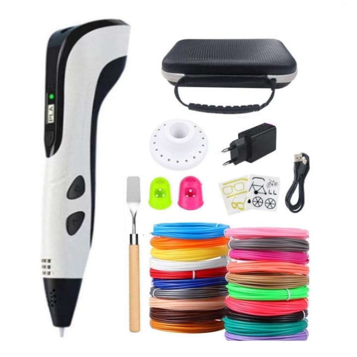 Set pix pentru imprimare 3D  WALALLA  cu ecran LED  reglare pe trei nivele  filament PLA de 1.75 mm  24 culori  120 m  inclusiv geanta de depozitare  alb