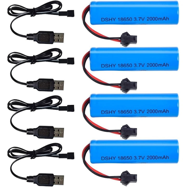 Set de 4 Baterii Li-ion 3.7V 2000mAh cu Incarcatoare USB pentru Autovehicule RC  mufa SM-2P  Compatibile cu Modelele DE45 DE42 1:14 Off-Road si Drift Racing
