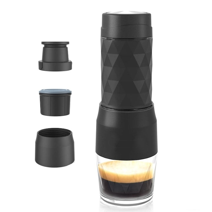 WALALLA 3-in-1 Portable Espresso Machine, Compatible with Ground Coffee/Capsules, Manual Frothing, Black, 22x7cm