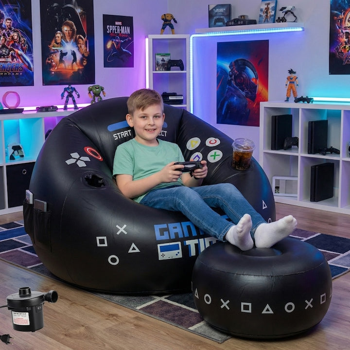 Scaun Gonflabil Gaming pentru Copii si Adolescenti  cu Suport pentru Pahar  Buzunar Lateral si Otoman  Fotoliu Tip Bean Bag pentru Camera Gamer  Decor pentru Dormitor si Zona de Joaca