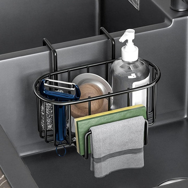 Suport Burete Vase  Omelivon  Pentru Buretes Vase si Accesorii Bucatarie  2 in 1 Din Inox  Suspendat  Robust Durabil  Organizator Chiuveta cu Carlig  Pentrui Bureti  Lavete  Detergent  Ventilatie Igiena  19x17.6x11.2cm  Negru