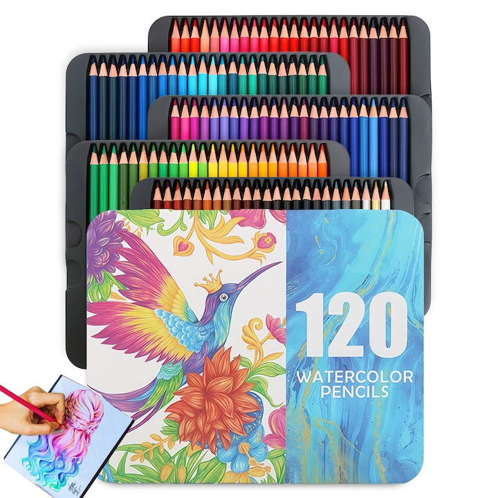 Set 120 creioane colorate  Creioane colorate  120 de culor  solubile in apa  cutie rezistenta din metal  Desen  Arta  Multicolor