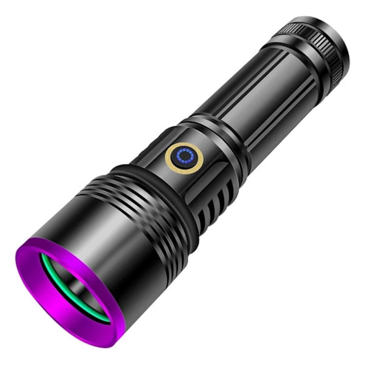 Lanterna UV 365nm / lampa neagra  LED cu 4 nuclee  30W  reincarcabila USB-C 3000mAh  lentila cu filtru UV 99%  aluminiu  negru  1 buc