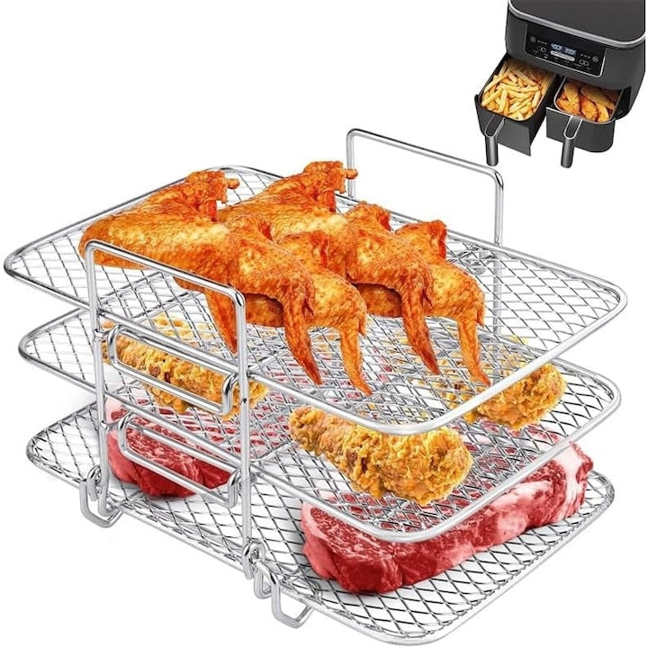 Accesoriu pentru friteuze cu aer cald  din otel inoxidabil 304  design cu trei niveluri  dimensiuni 19x13x11.5 cm