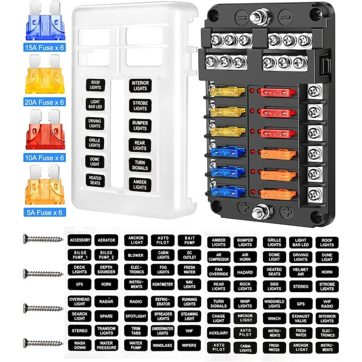 Set bloc sigurante auto 12 cai  12 V  cu sigurante 5A 10A 15A 20A  indicator LED  capac de protectie  multicolor