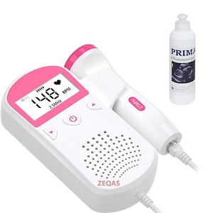 Monitor Doppler fetal pentru gravide cu gel ultrasunete inclus  ZEQAS  fara radiatii  monitorizarea functiilor vitale fat intrauterin  detectarea batailor inimii/pulsului fatului  ascultare sunete din burtica  portabil  alb/roz