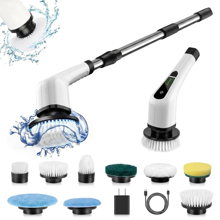Perie curățare electrică TrioStore rotativă 9-in-1  waterproof IPX7  brat reglabil 30-137 cm  multifuncțională