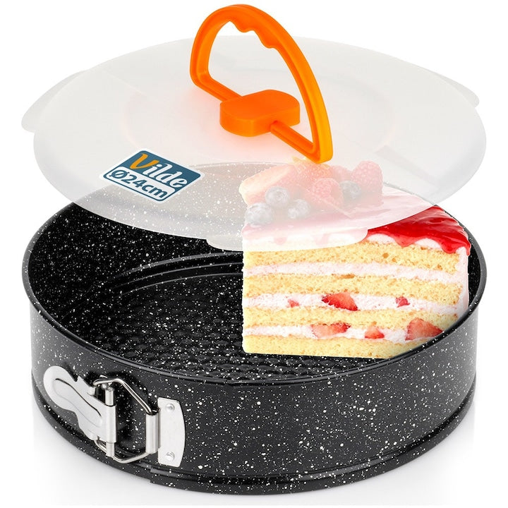 Set Tortiera Cu Fund Detasabil Si Capac  Vilde  24x24x6.7x8 cm  Fabricata Din Otel Carbon De Cea Mai Buna Calitate Si Acoperire Granit  Acoperirea Granit Previne Lipirea  Margini Detasabile Si Fund Scoatabil  Capac Cu Maner Pentru Transport  Granit