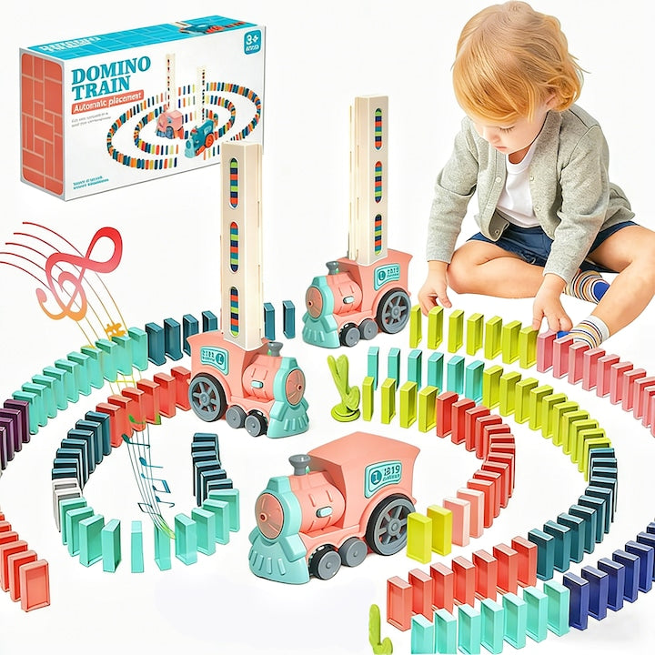 Set trenulet cu domino  Wacorresi  180 piese  efecte sonore  180 piese  Cu lumini  Cu efecte sonore  Trenuri educative interactiv  Coordonarea mana-ochi  3-7 ani  roz
