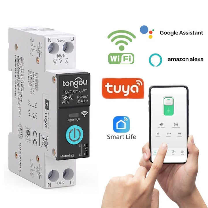 Siguranta Automata Smart cu Contor Energie  63A – Monitorizare Consum  protectie suprasarcina，Control de la Distanta  Programare inteligenta  Smart Life / Tuya  Compatibil Alexa & Google Home  Montaj pe Sina DIN
