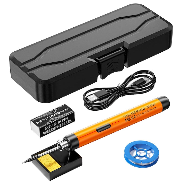 Set fier de lipit fara fir portabil  3 moduri de temperatura  800 mAh  incarcare USB  cu suport si cutie de depozitare  YQLAFT  Portocaliu/Negru